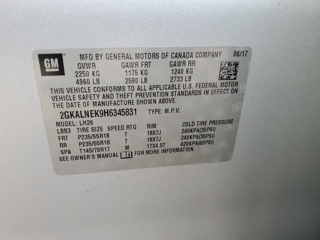 2017 GMC Terrain VIN 2GKALNEK9H6345831 Copart auction photo, front end damage thumbnail 16