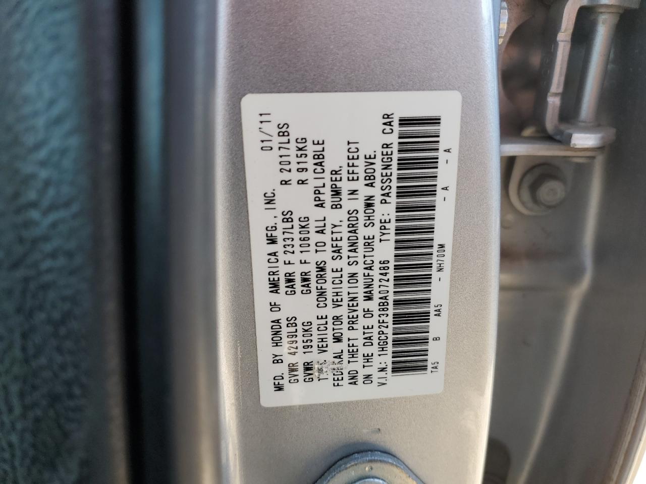 2011 Honda Accord VIN 1HGCP2F38BA072486 Copart auction photo, front end / side damage thumbnail 12