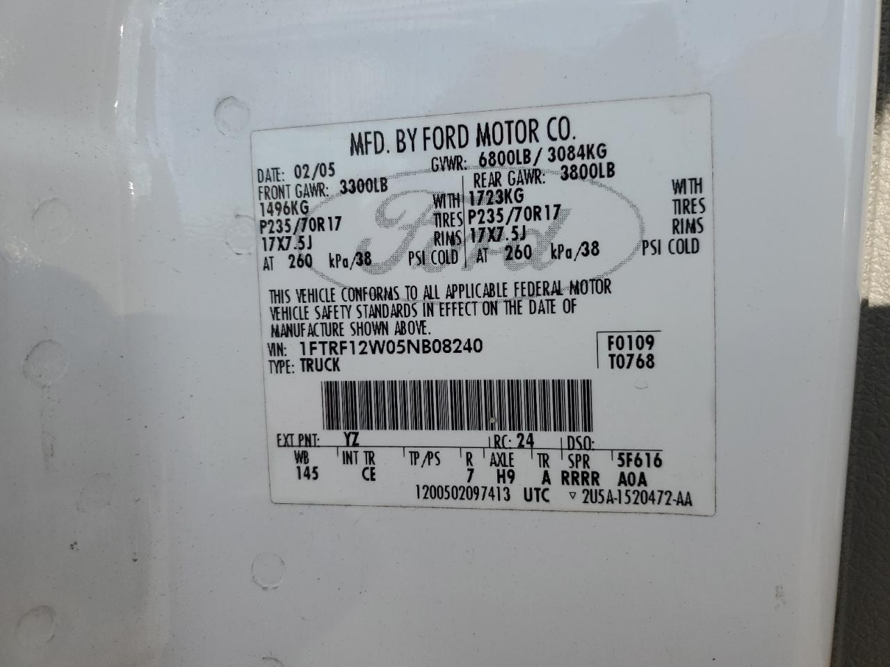 2005 Ford F-150 VIN 1FTRF12W05NB08240 Copart auction photo, rear end damage thumbnail 12