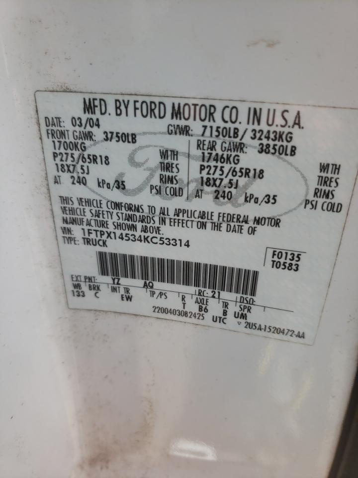 2004 Ford F-150 VIN 1FTPX14534KC53314 Copart auction photo, front end / undercarriage damage thumbnail 12