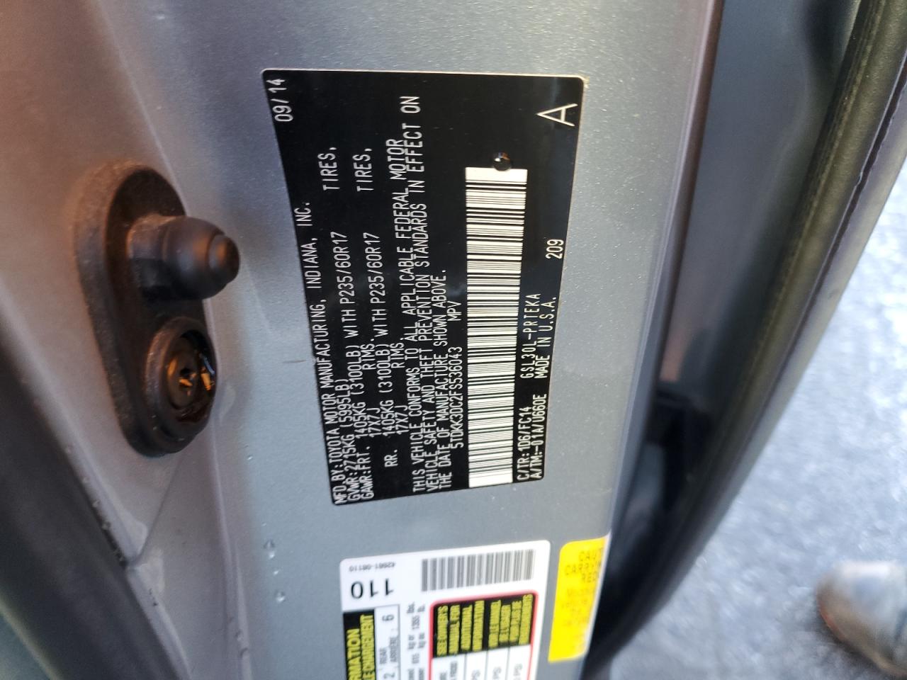 2015 Toyota Sienna VIN 5TDKK3DC2FS536043 Copart auction photo, front end / side damage thumbnail 13