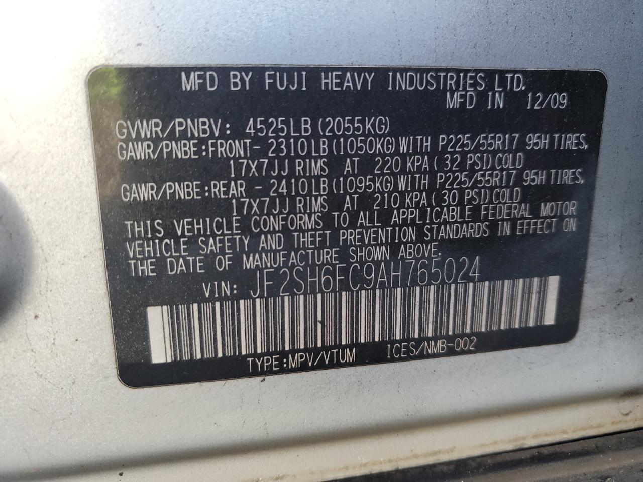 2010 Subaru Forester VIN JF2SH6FC9AH765024 Copart auction photo, rear end / front end damage thumbnail 14