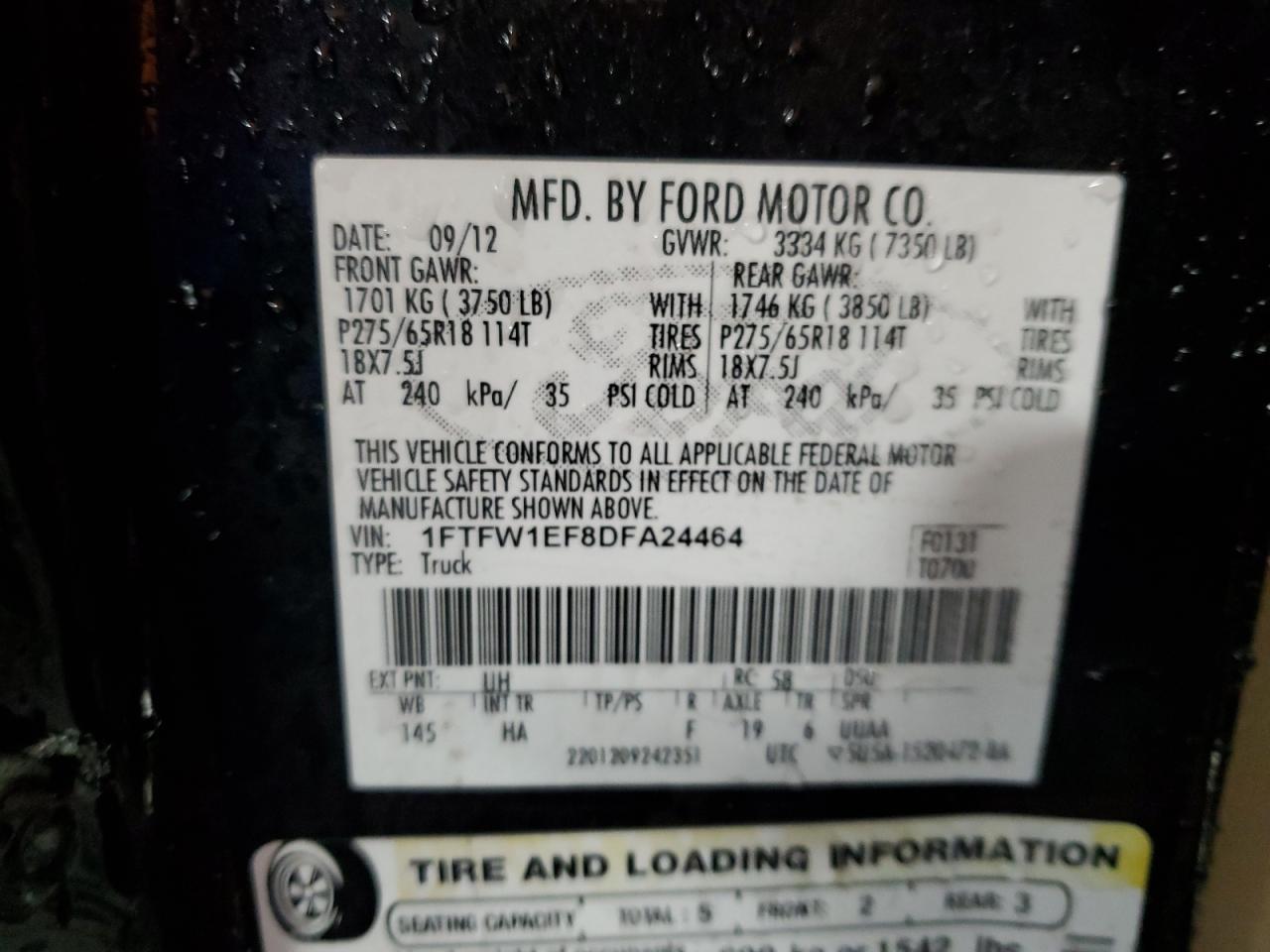 2013 Ford F-150 VIN 1FTFW1EF8DFA24464 Copart auction photo, front end damage thumbnail 13