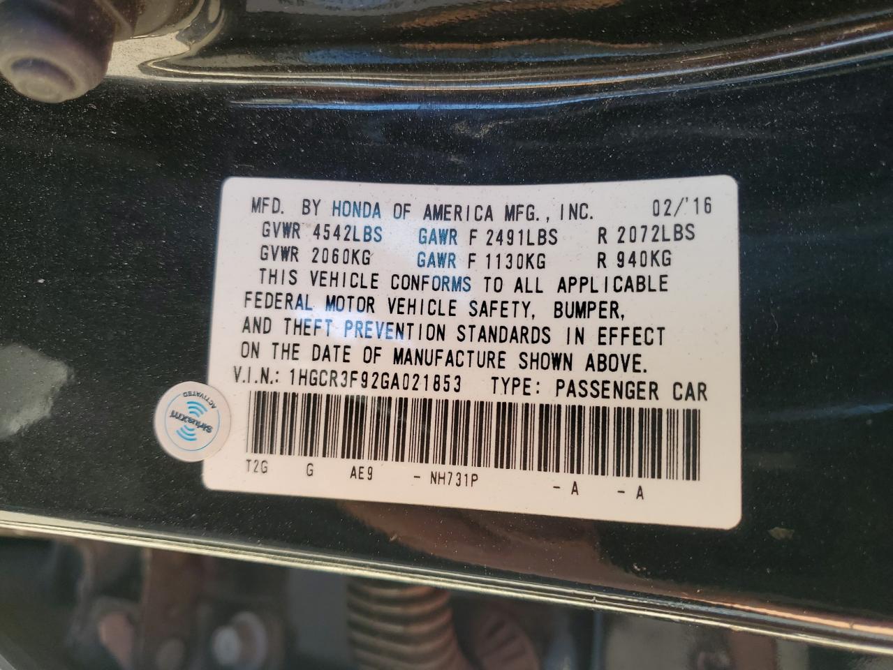 2016 Honda Accord VIN 1HGCR3F92GA021853 Copart auction photo, front end / all over damage thumbnail 13