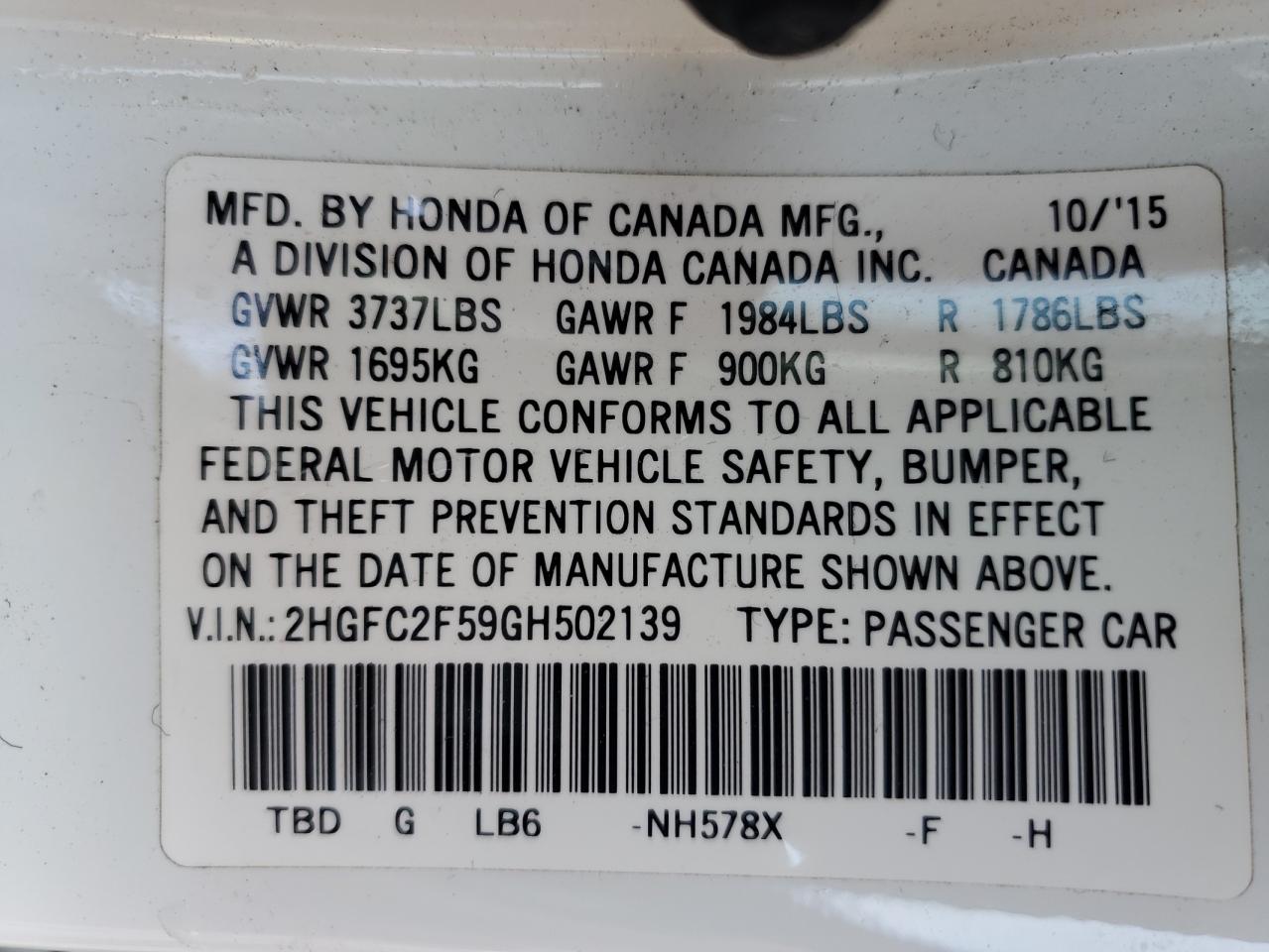 2016 Honda Civic VIN 2HGFC2F59GH502139 Copart auction photo, rear end damage thumbnail 12