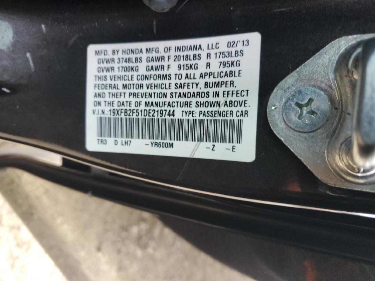 2013 Honda Civic VIN 19XFB2F51DE219744 Copart auction photo, rear end damage thumbnail 12