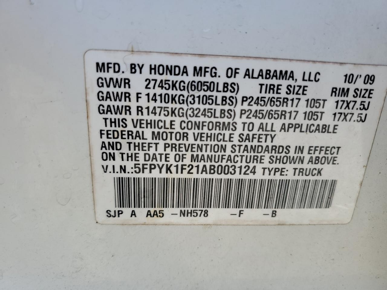 2010 Honda Ridgeline VIN 5FPYK1F21AB003124 Copart auction photo, front end damage thumbnail 13