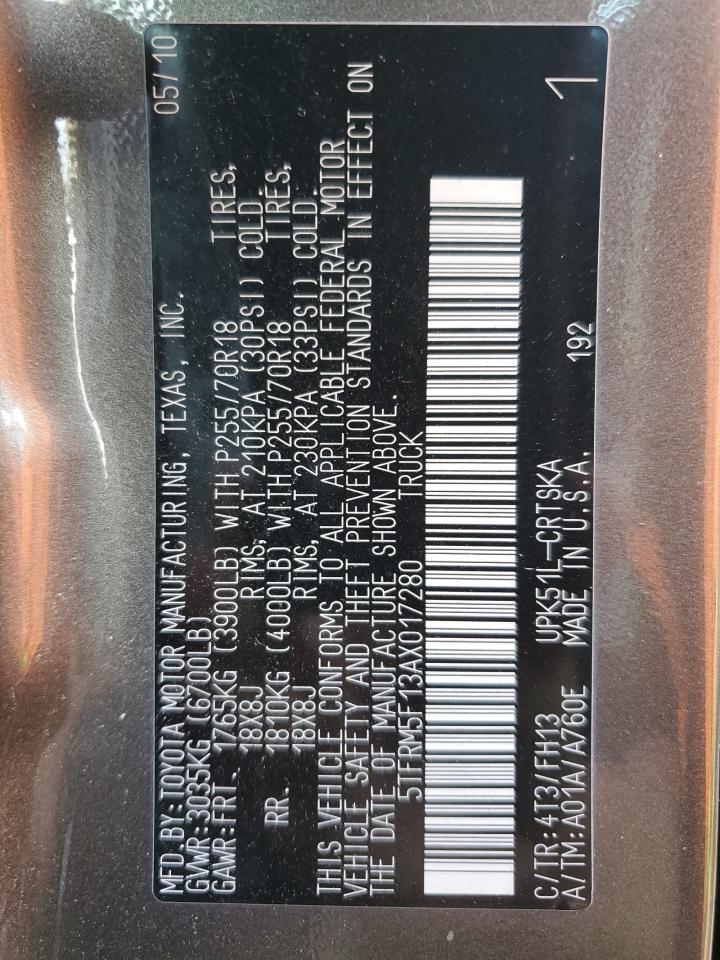 2010 Toyota Tundra VIN 5TFRM5F13AX017280 Copart auction photo, front end / rear end damage thumbnail 14