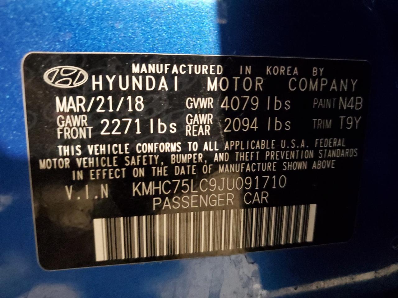 2018 Hyundai IONIQ VIN KMHC75LC9JU091710 Copart auction photo, front end / minor dent/scratches damage thumbnail 12