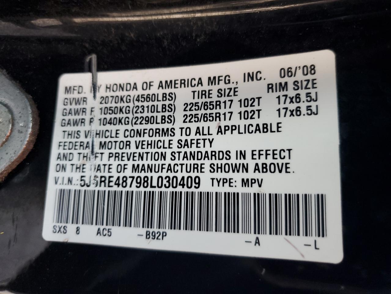 2008 Honda CR-V VIN 5J6RE48798L030409 Copart auction photo, front end / undercarriage damage thumbnail 16