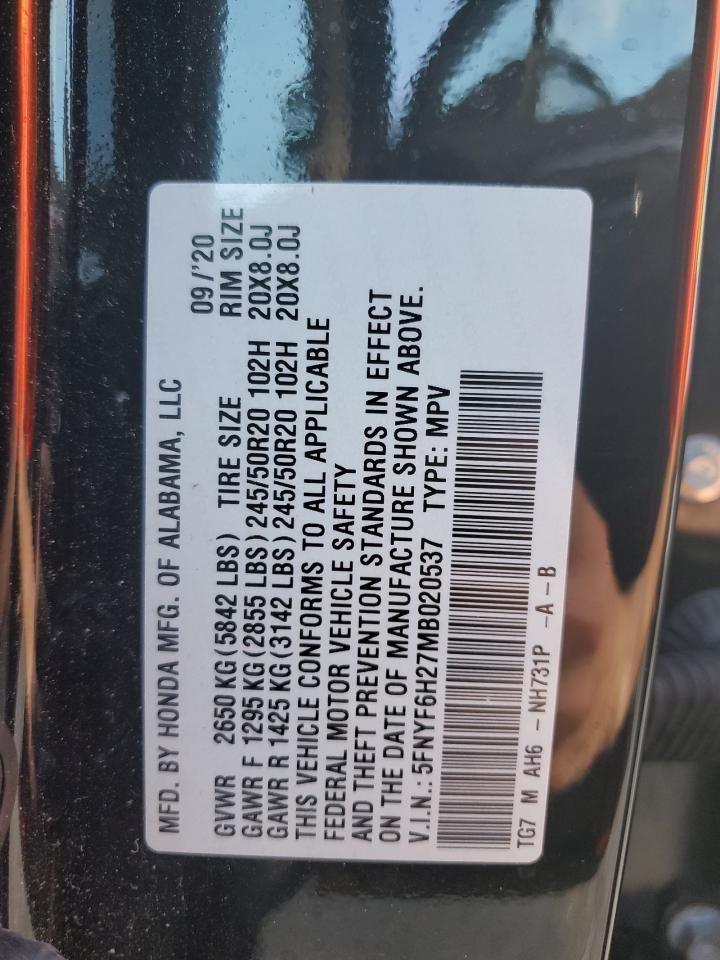 2021 Honda Pilot VIN 5FNYF6H27MB020537 Copart auction photo, water/flood damage thumbnail 14