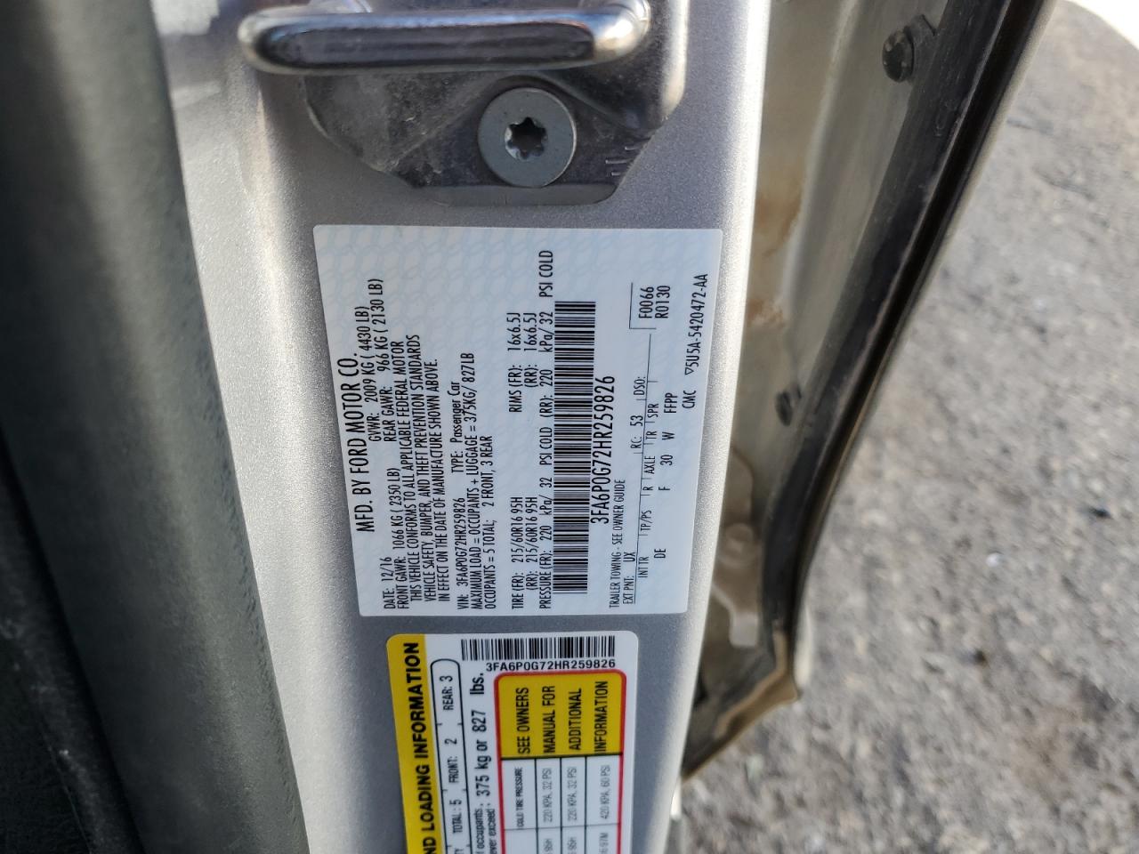 2017 Ford Fusion VIN 3FA6P0G72HR259826 Copart auction photo, front end / minor dent/scratches damage thumbnail 12