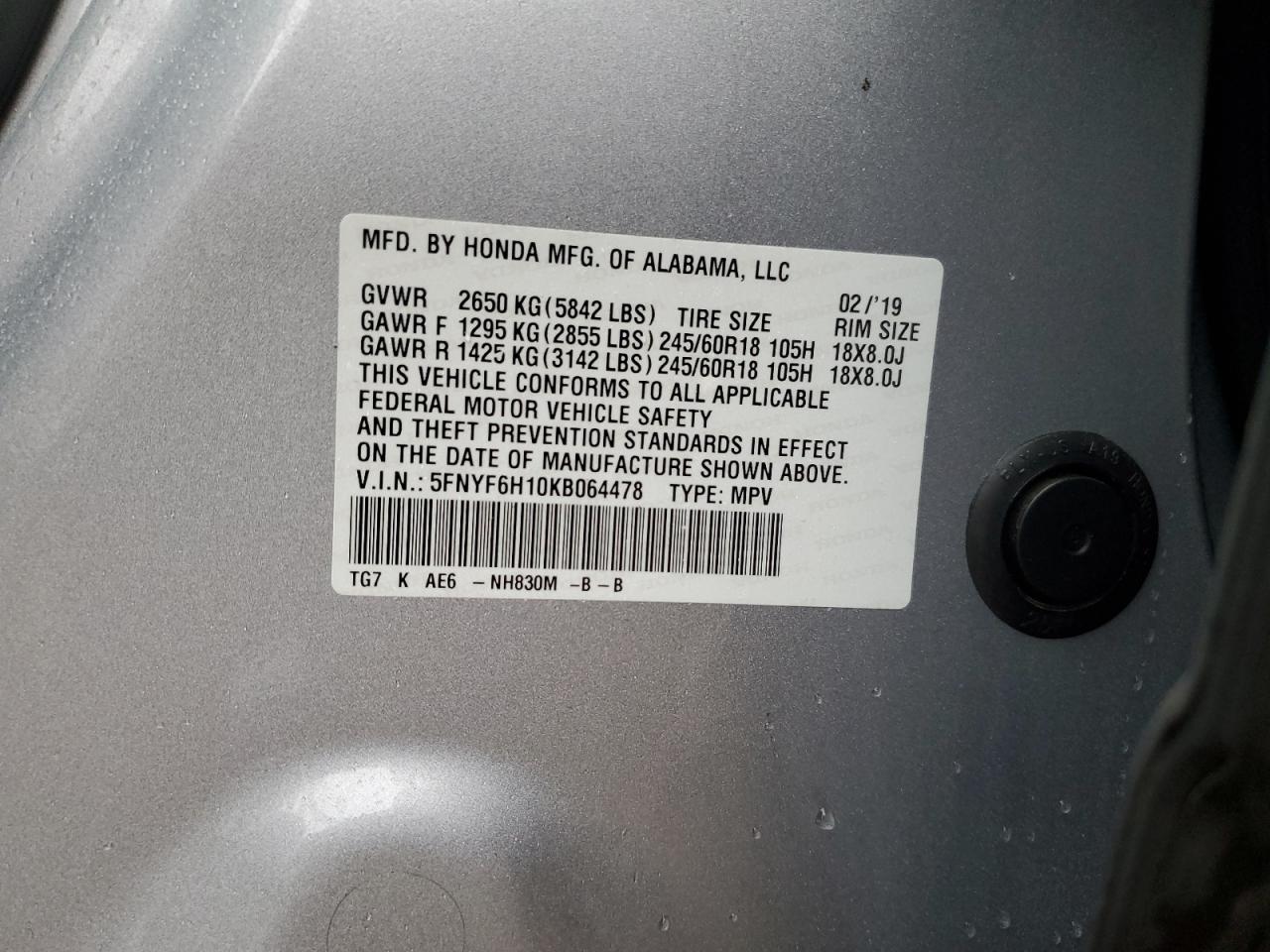 2019 Honda Pilot VIN 5FNYF6H10KB064478 Copart auction photo, side damage thumbnail 13