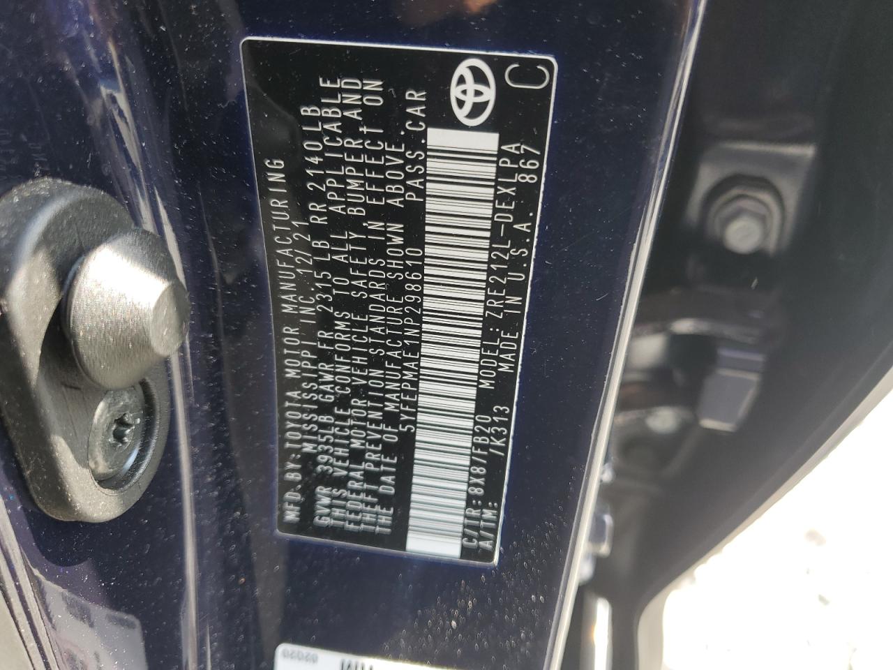 2022 Toyota Corolla VIN 5YFEPMAE1NP298610 Copart auction photo, rear end damage thumbnail 12