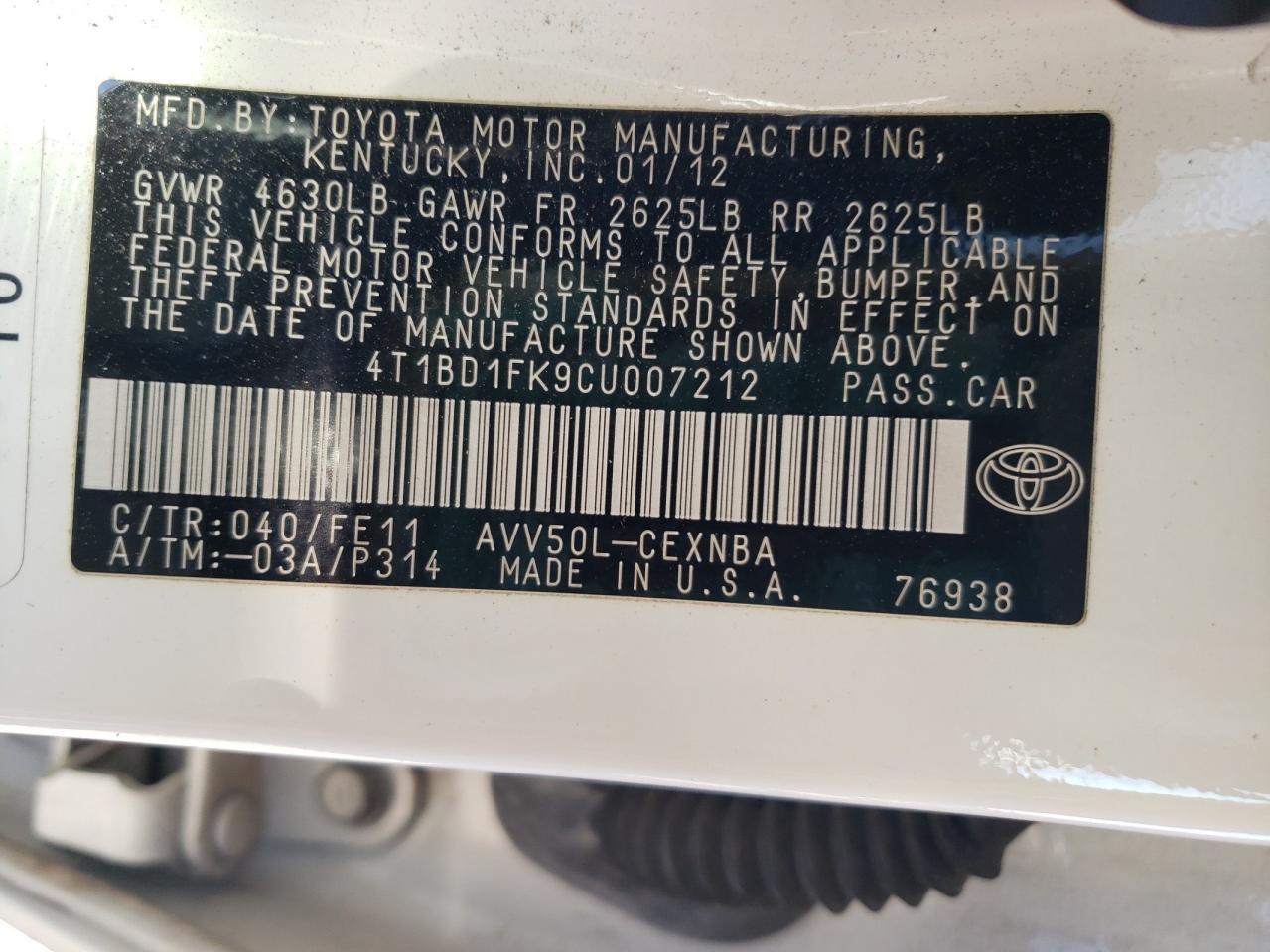 2012 Toyota Camry VIN 4T1BD1FK9CU007212 Copart auction photo, front end / side damage thumbnail 12