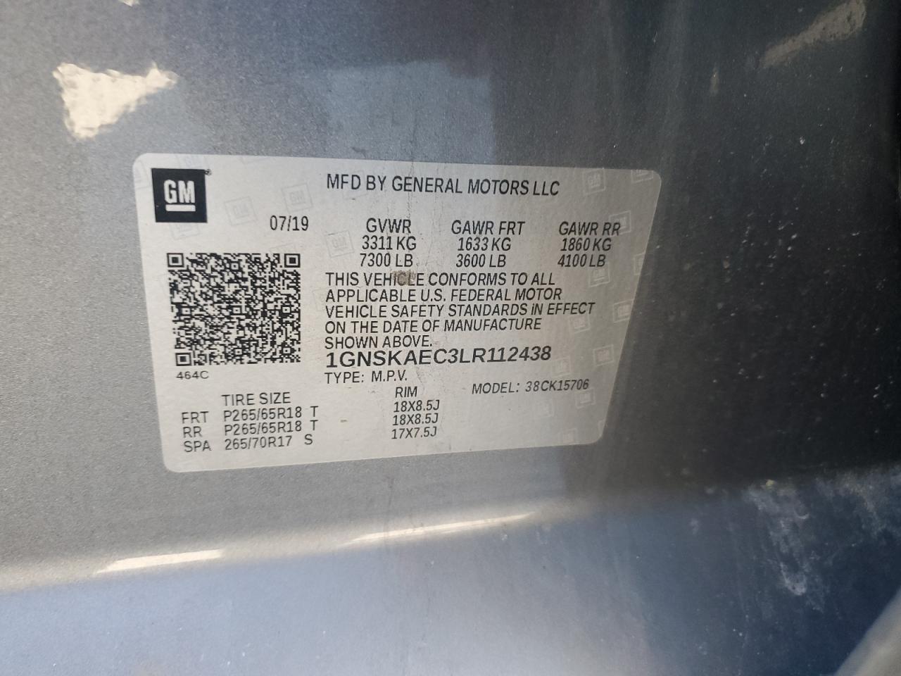 2020 Chevrolet Tahoe VIN 1GNSKAEC3LR112438 Copart auction photo, front end / rear end damage thumbnail 14