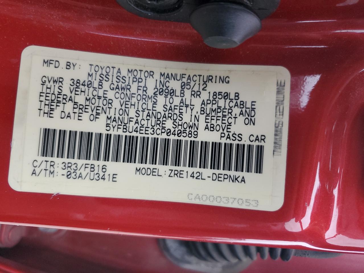 2012 Toyota Corolla VIN 5YFBU4EE3CP040589 Copart auction photo, rollover / top/roof damage thumbnail 15