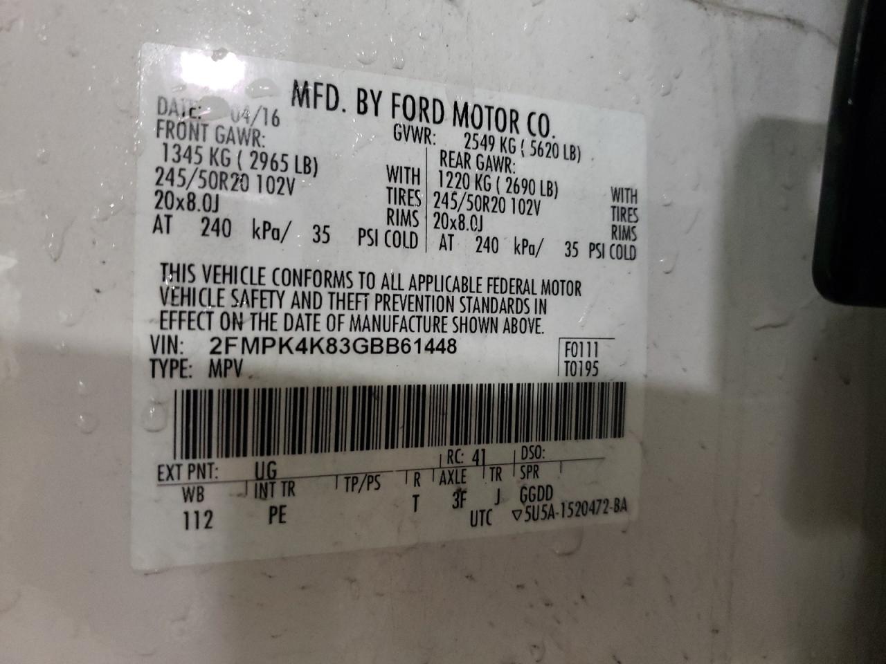 2016 Ford Edge VIN 2FMPK4K83GBB61448 Copart auction photo, front end damage thumbnail 12