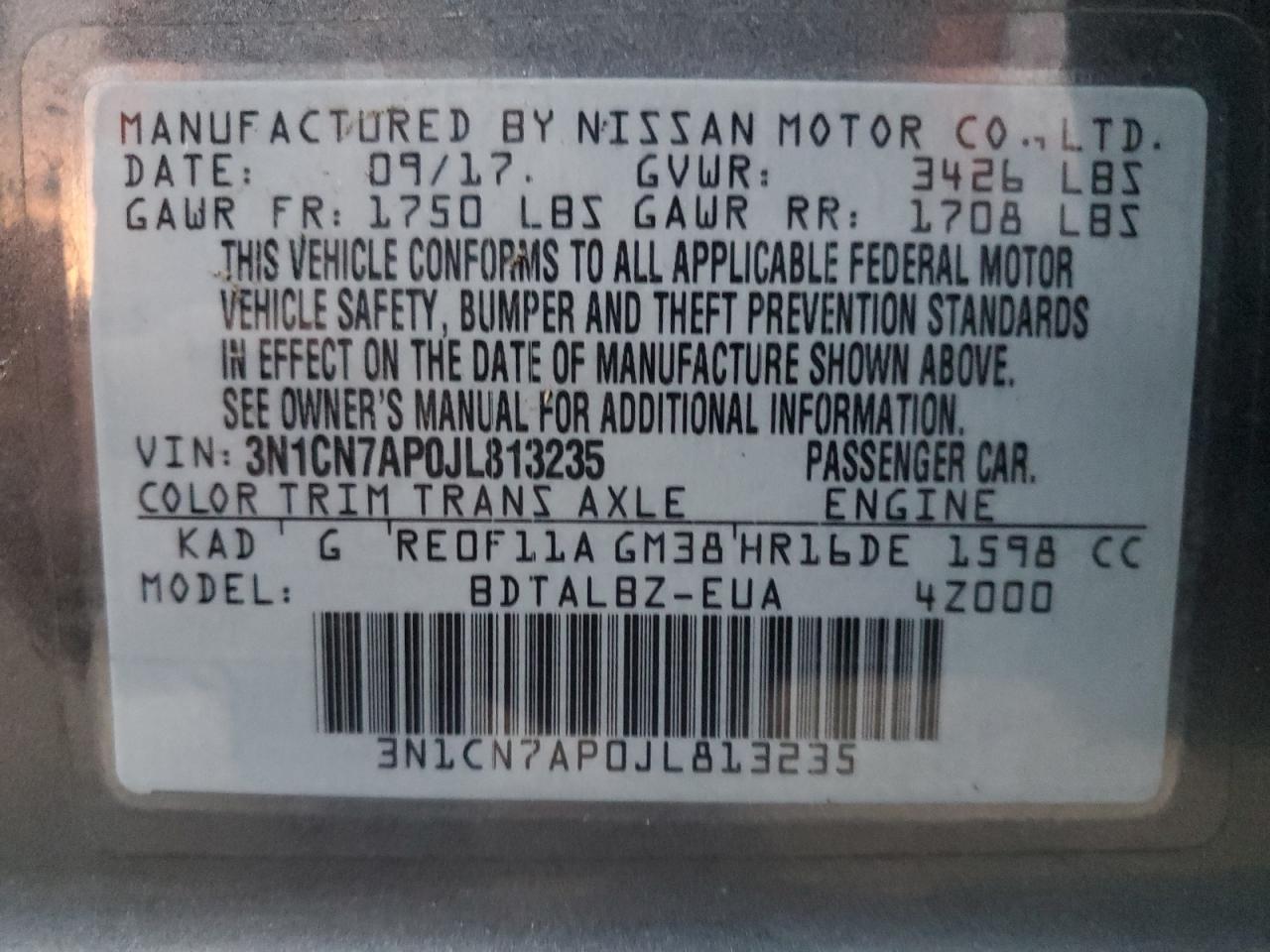 2018 Nissan Versa VIN 3N1CN7AP0JL813235 Copart auction photo, rear end damage thumbnail 12
