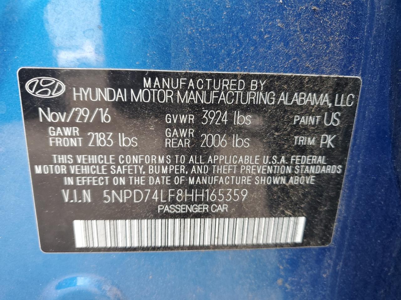 2017 Hyundai Elantra VIN 5NPD74LF8HH165359 Copart auction photo, front end / side damage thumbnail 13