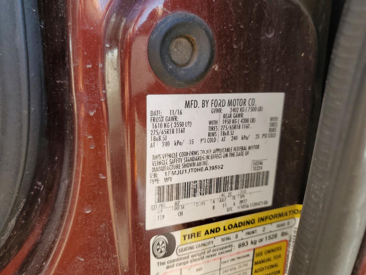 2017 Ford Expedition VIN 1FMJU1JT0HEA39592 Copart auction photo, front end damage thumbnail 13