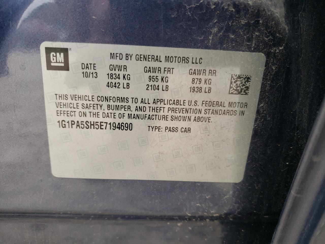 2014 Chevrolet Cruze VIN 1G1PA5SH5E7194690 Copart auction photo, rear end / front end damage thumbnail 12