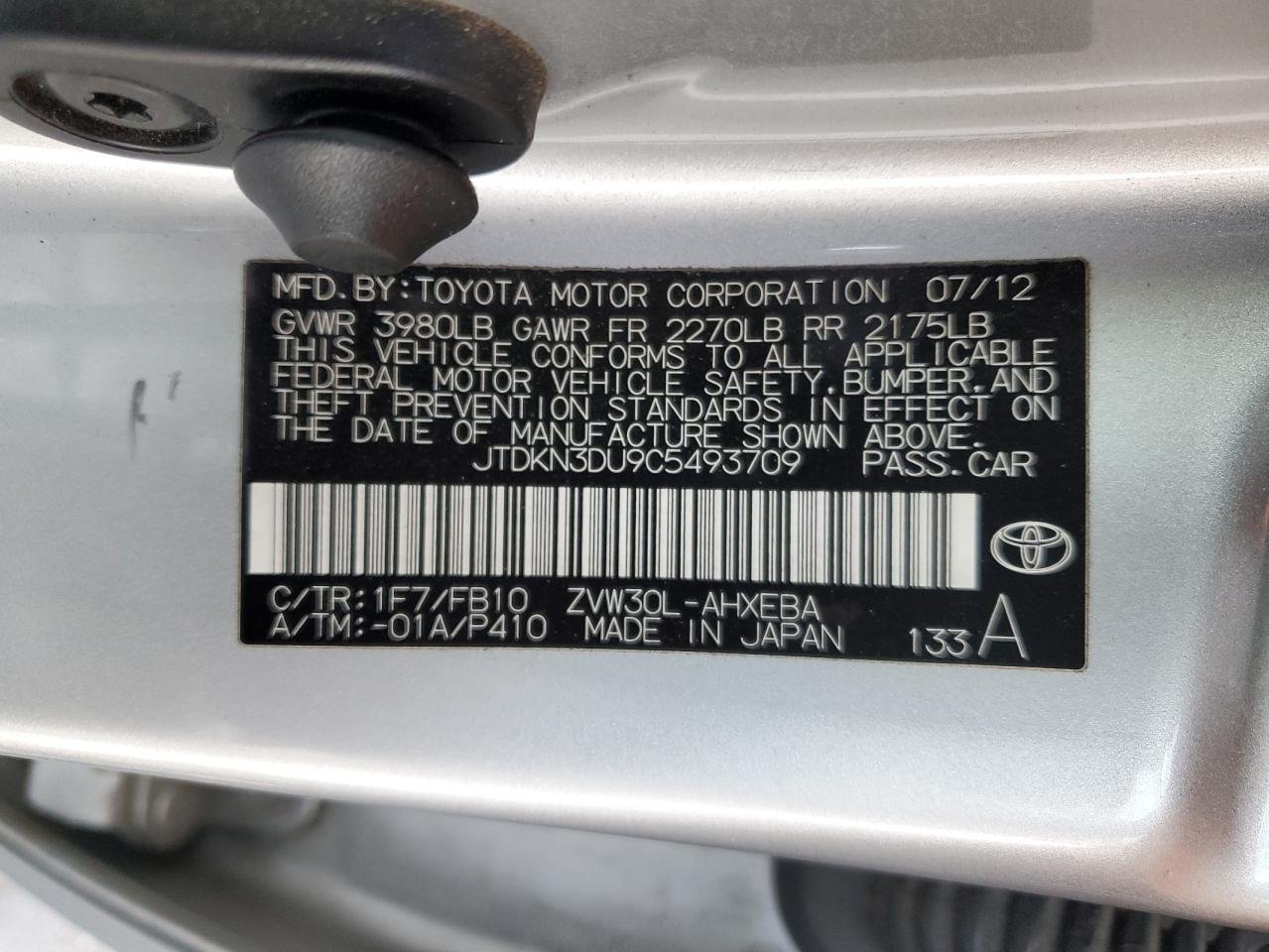 2012 Toyota Prius VIN JTDKN3DU9C5493709 Copart auction photo, front end damage thumbnail 13