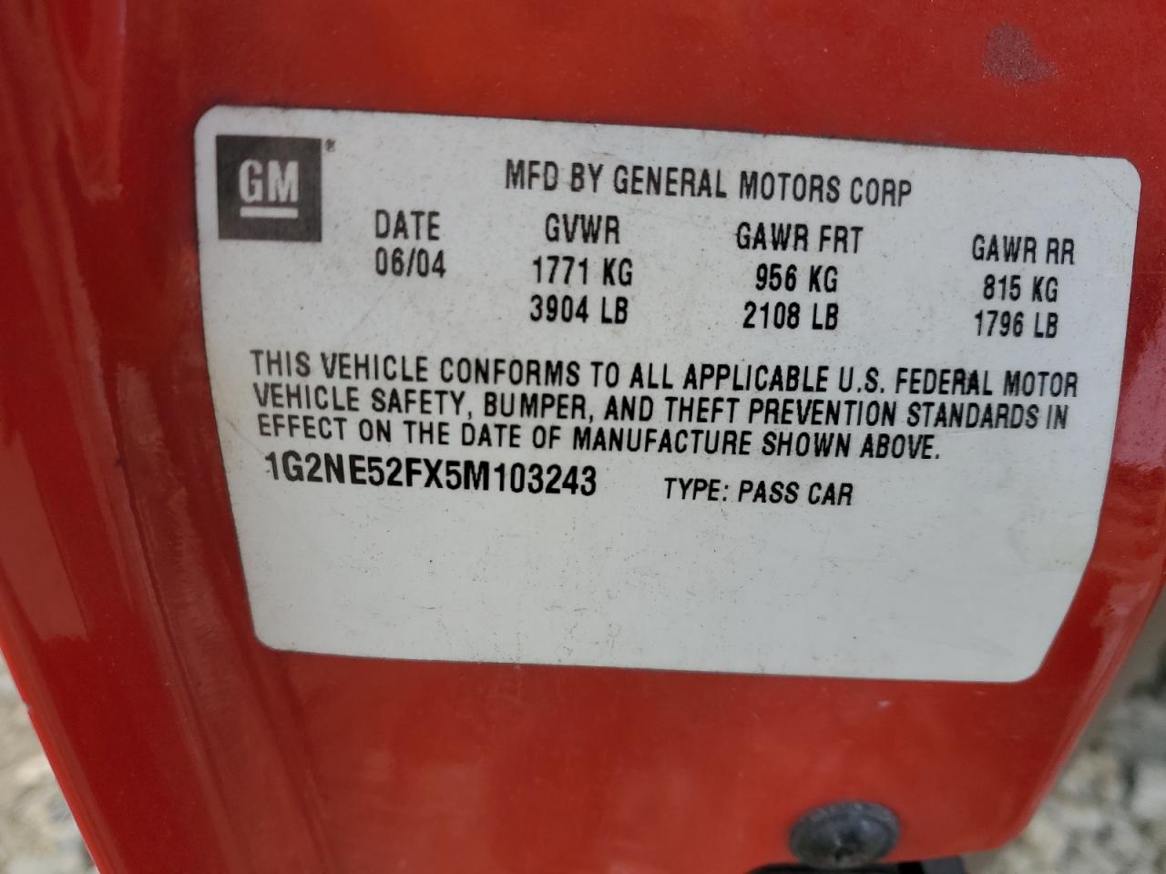 2005 Pontiac Grand AM VIN 1G2NE52FX5M103243 Copart auction photo, rear end / front end damage thumbnail 13