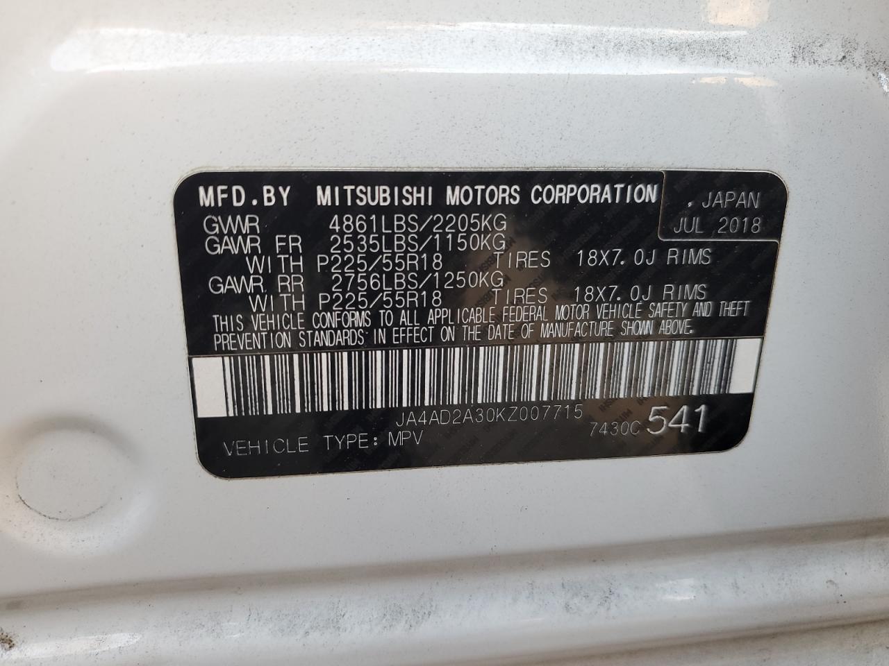2019 Mitsubishi Outlander VIN JA4AD2A30KZ007715 Copart auction photo, rear end / front end damage thumbnail 13