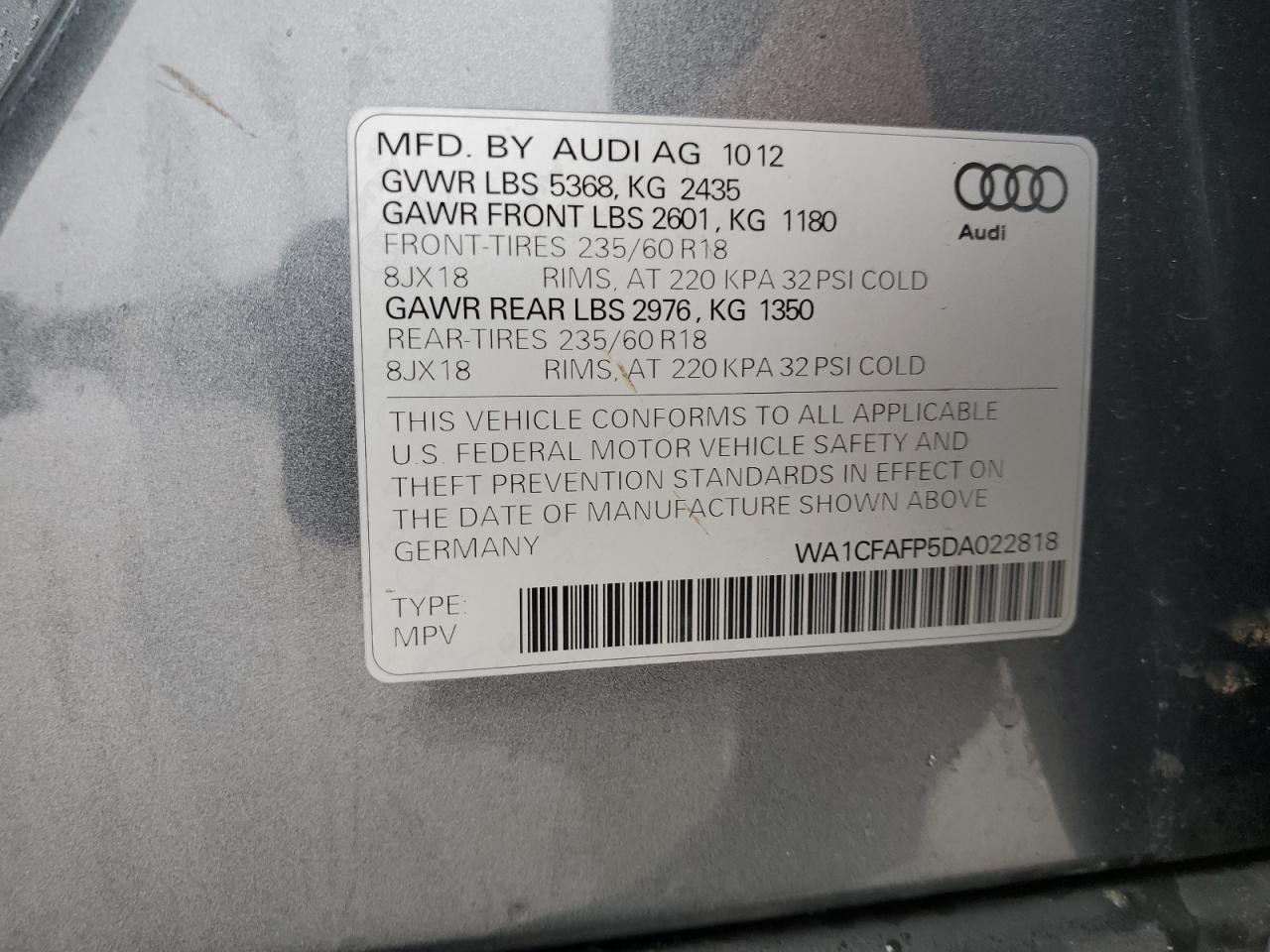 2013 Audi Q5 VIN WA1CFAFP5DA022818 Copart auction photo, front end damage thumbnail 13