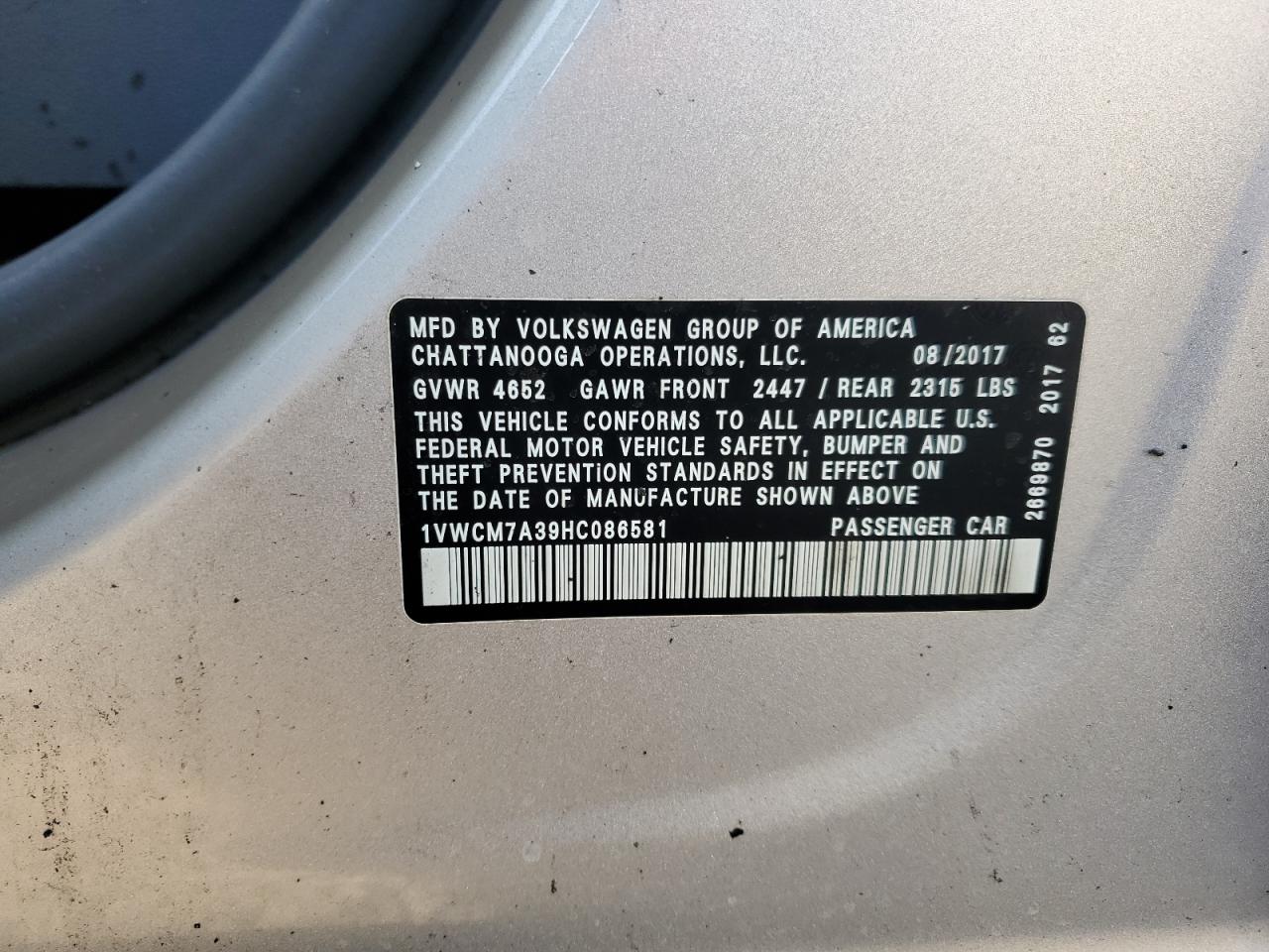 2017 Volkswagen Passat VIN 1VWCM7A39HC086581 Copart auction photo, burn damage thumbnail 12