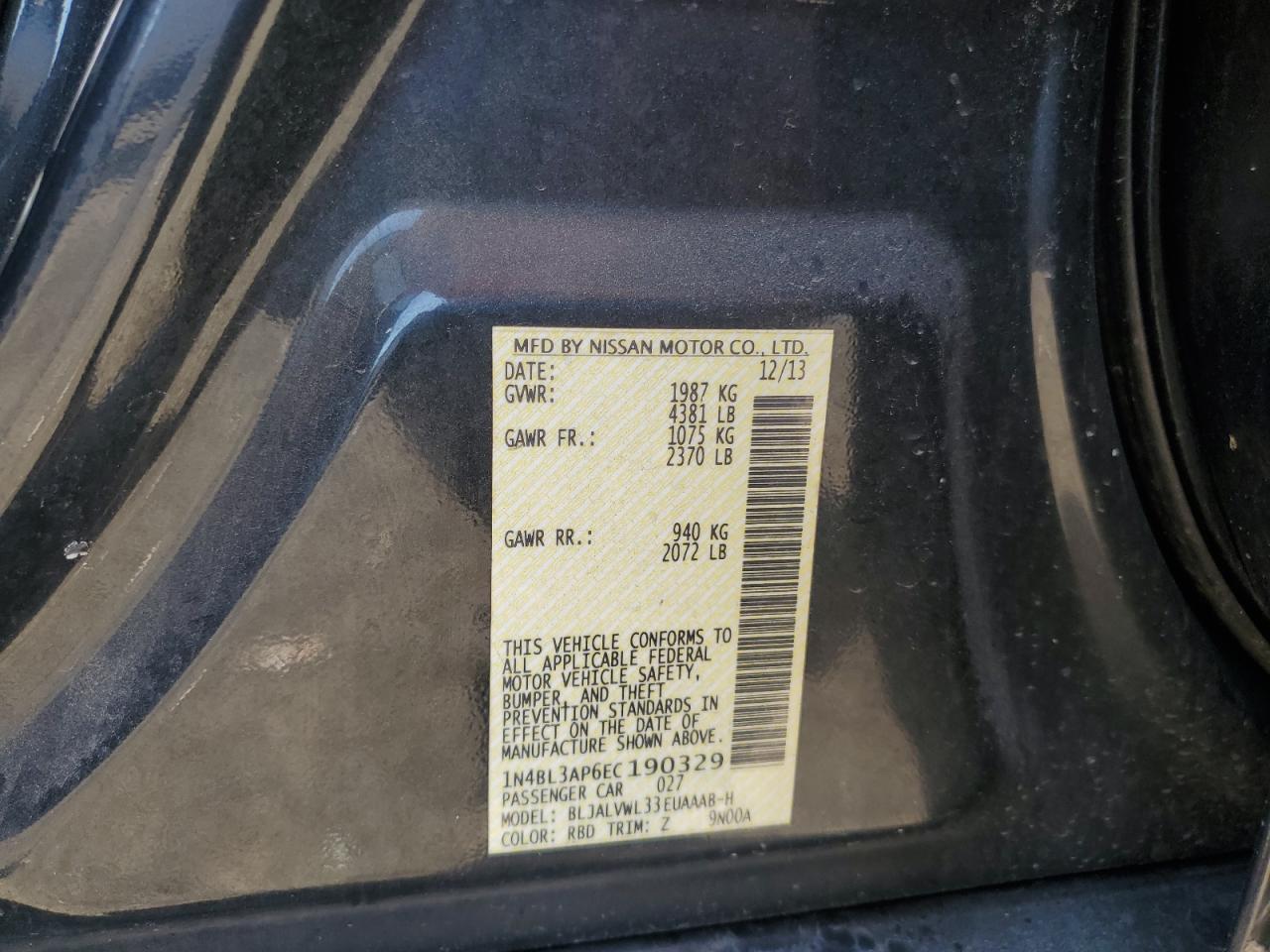 2014 Nissan Altima VIN 1N4BL3AP6EC190329 Copart auction photo, front end damage thumbnail 12