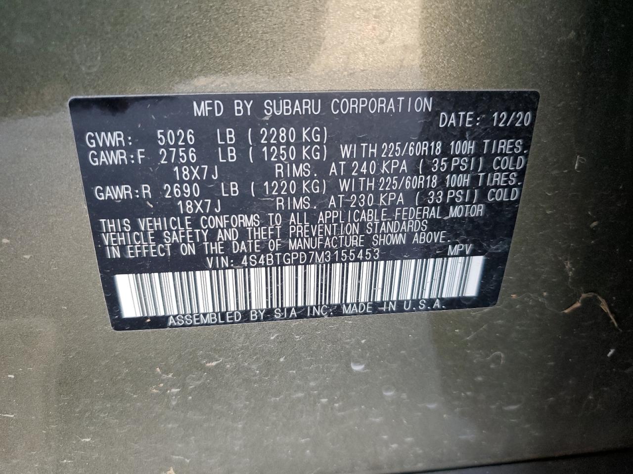 2021 Subaru Outback VIN 4S4BTGPD7M3155453 Copart auction photo, front end damage thumbnail 13