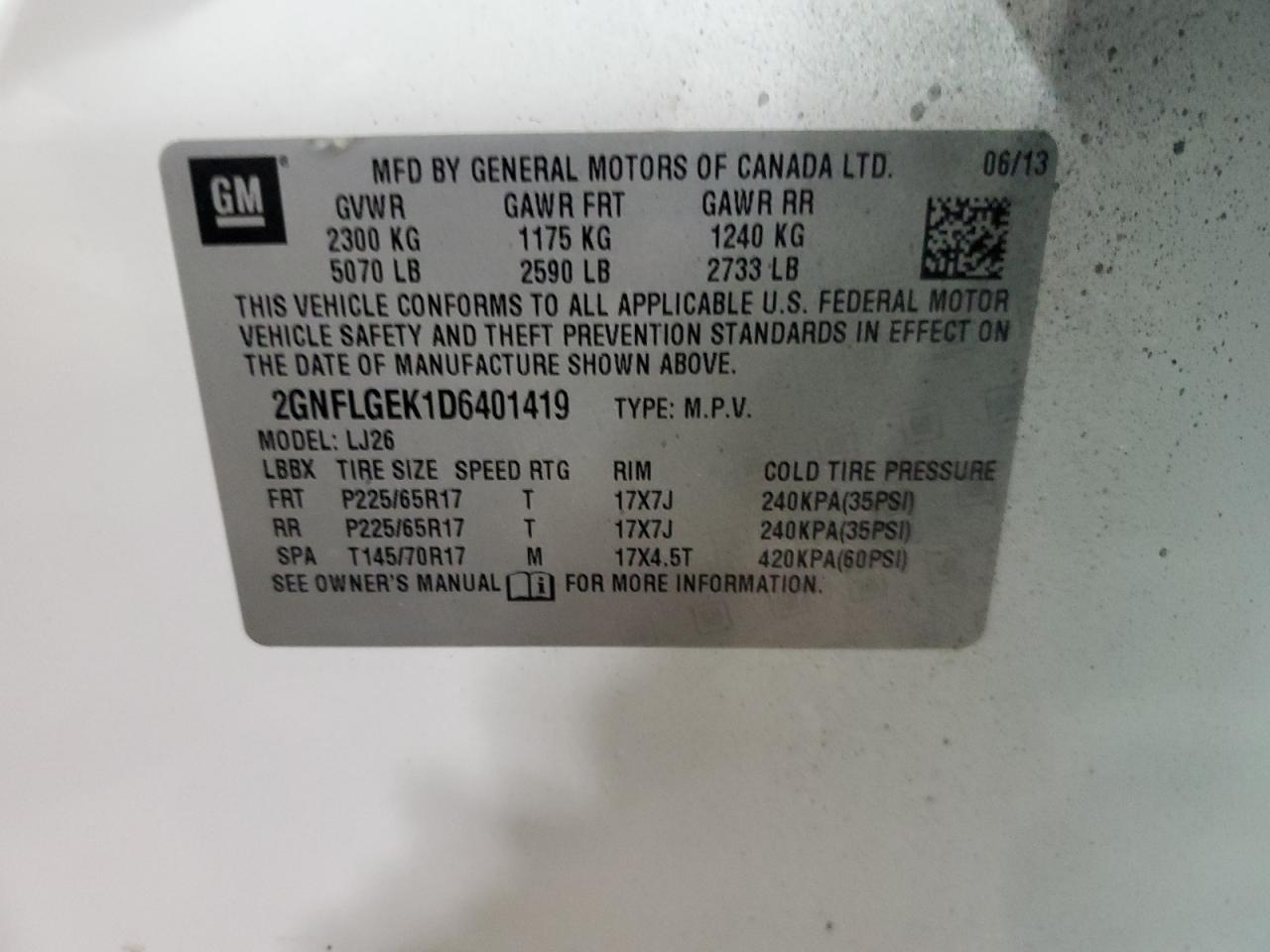2013 Chevrolet Equinox VIN 2GNFLGEK1D6401419 Copart auction photo, side / rear end damage thumbnail 13