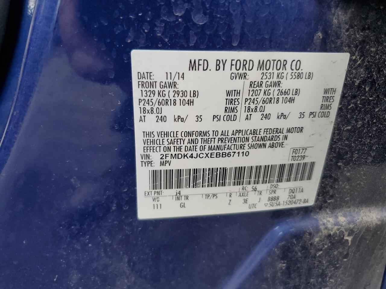 2014 Ford Edge VIN 2FMDK4JCXEBB67110 Copart auction photo, rear end / side damage thumbnail 14