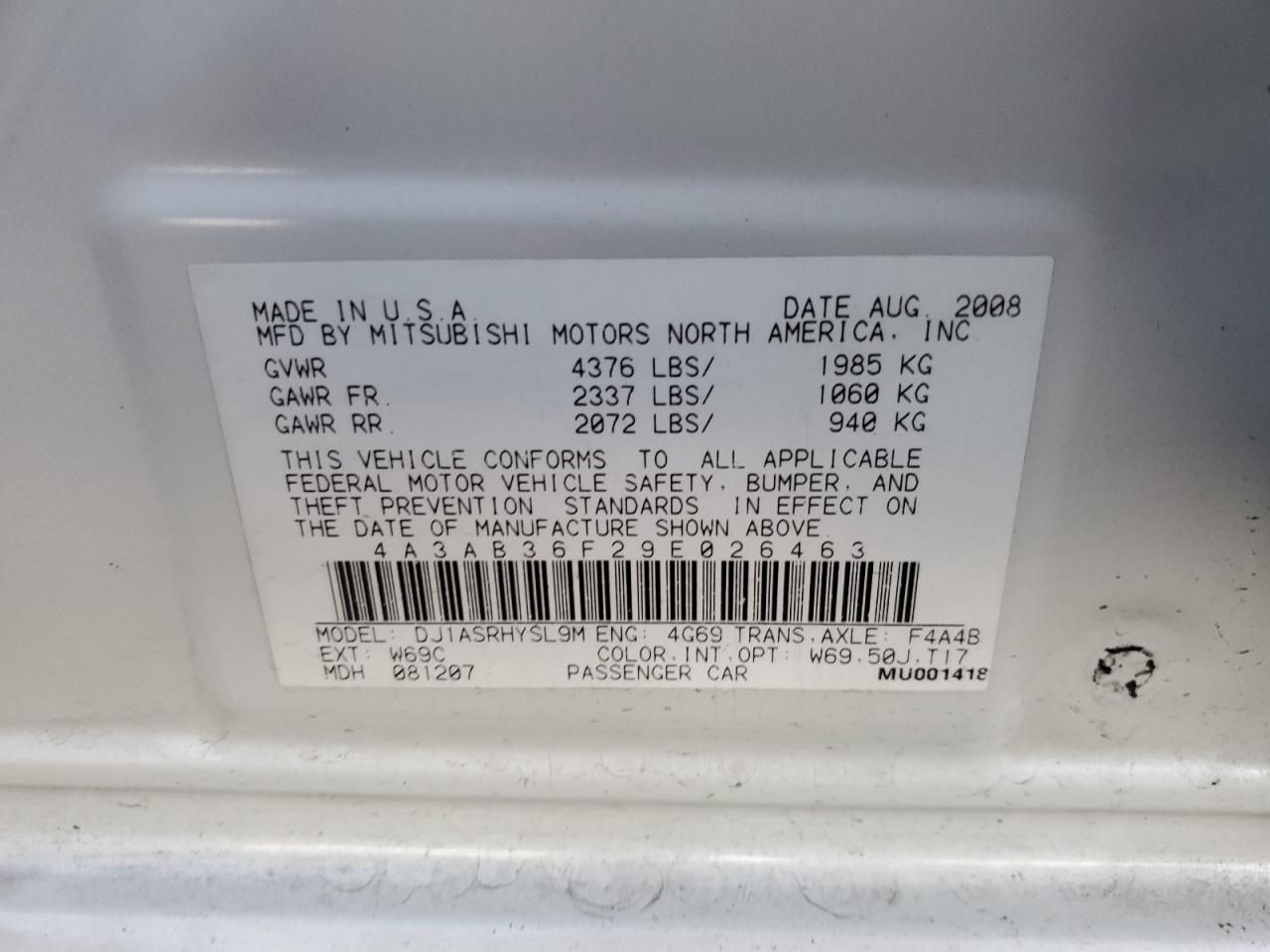 2009 Mitsubishi Galant VIN 4A3AB36F29E026463 Copart auction photo, front end damage thumbnail 12