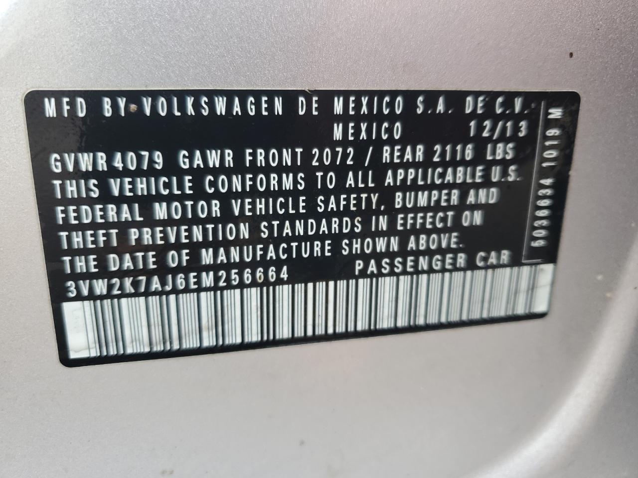 2014 Volkswagen Jetta VIN 3VW2K7AJ6EM256664 Copart auction photo, front end / minor dent/scratches damage thumbnail 12