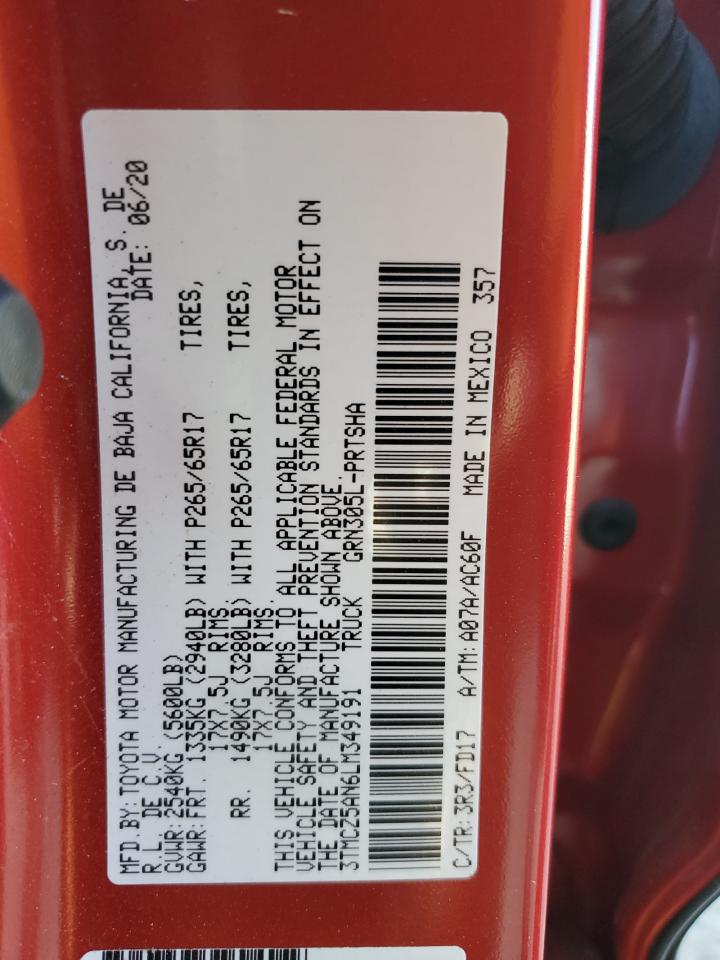 2020 Toyota Tacoma VIN 3TMCZ5AN6LM349191 Copart auction photo, side / front end damage thumbnail 12