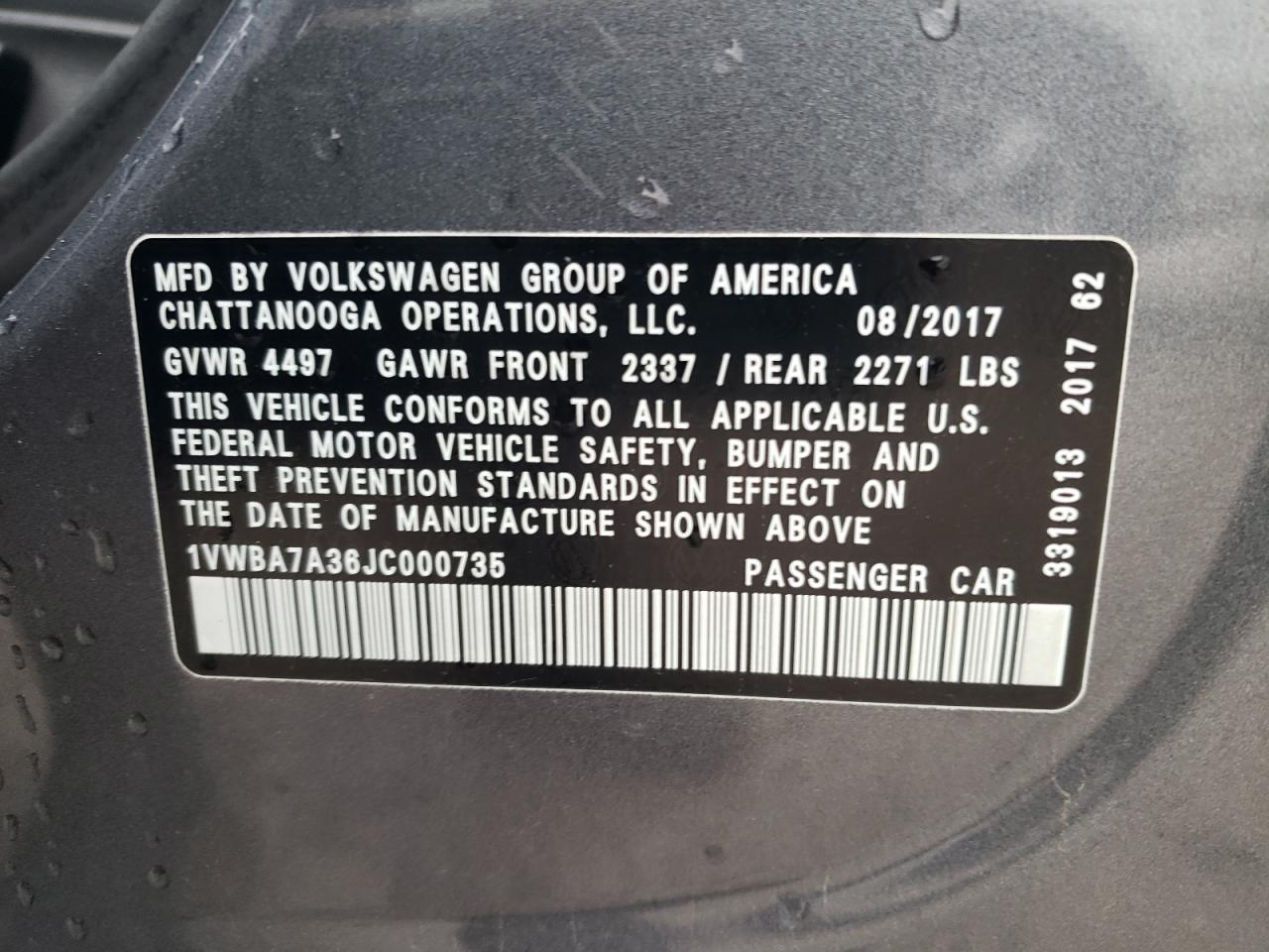 2018 Volkswagen Passat VIN 1VWBA7A36JC000735 Copart auction photo, front end damage thumbnail 12