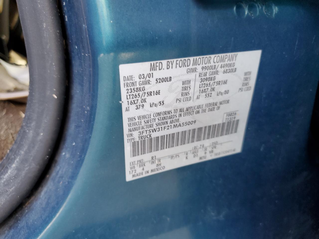 2001 Ford F350 VIN 3FTSW31F21MA55009 Copart auction photo, water/flood damage thumbnail 13