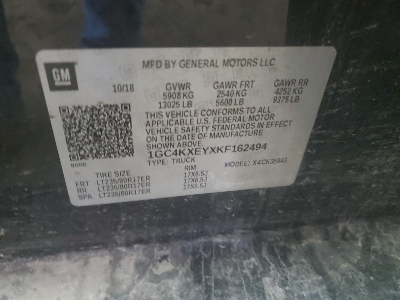 2019 Chevrolet Silverado VIN 1GC4KXEYXKF162494 Copart auction photo, rear end / side damage thumbnail 14