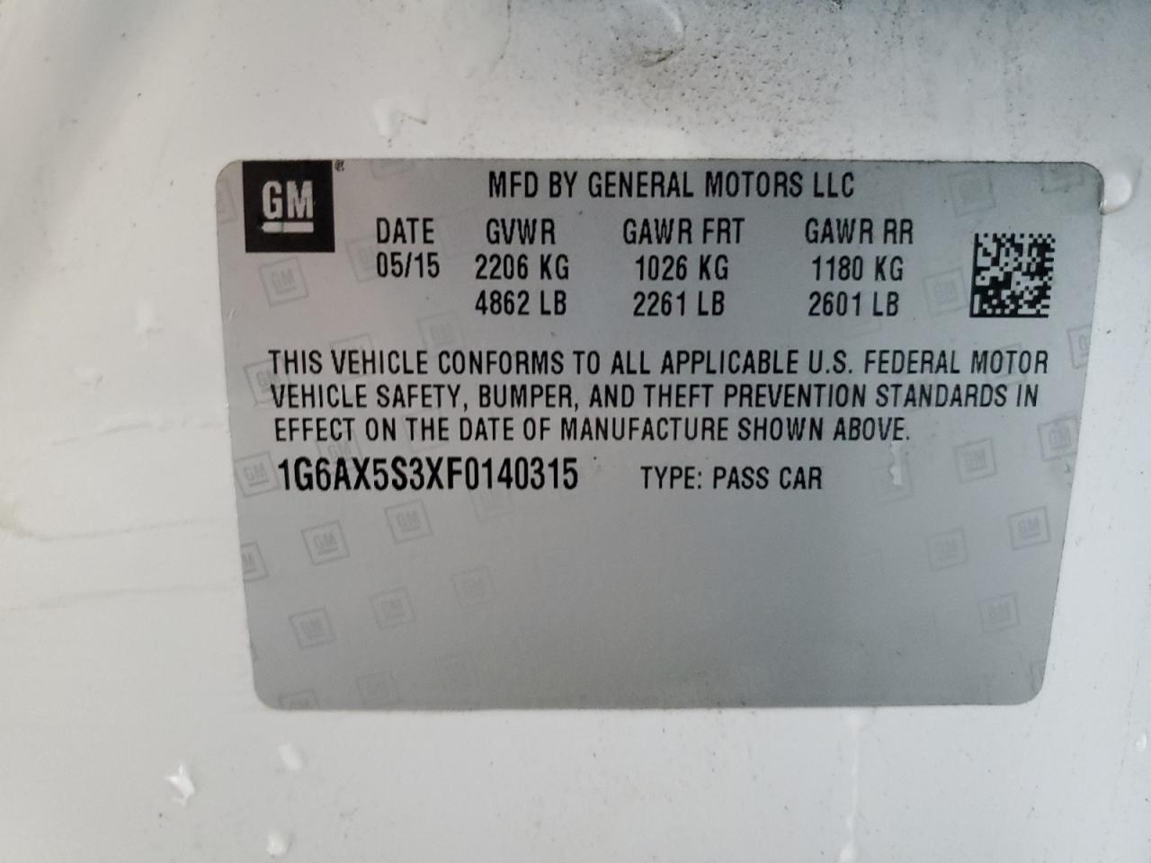2015 Cadillac CTS VIN 1G6AX5S3XF0140315 Copart auction photo, front end damage thumbnail 12