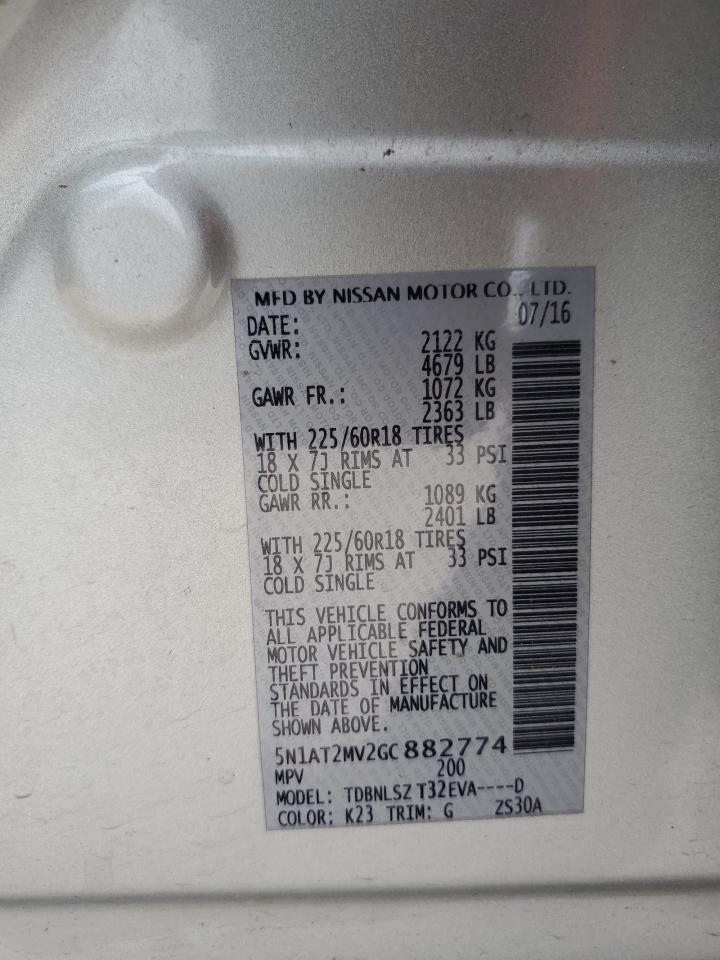 2016 Nissan Rogue VIN 5N1AT2MV2GC882774 Copart auction photo, all over damage thumbnail 14