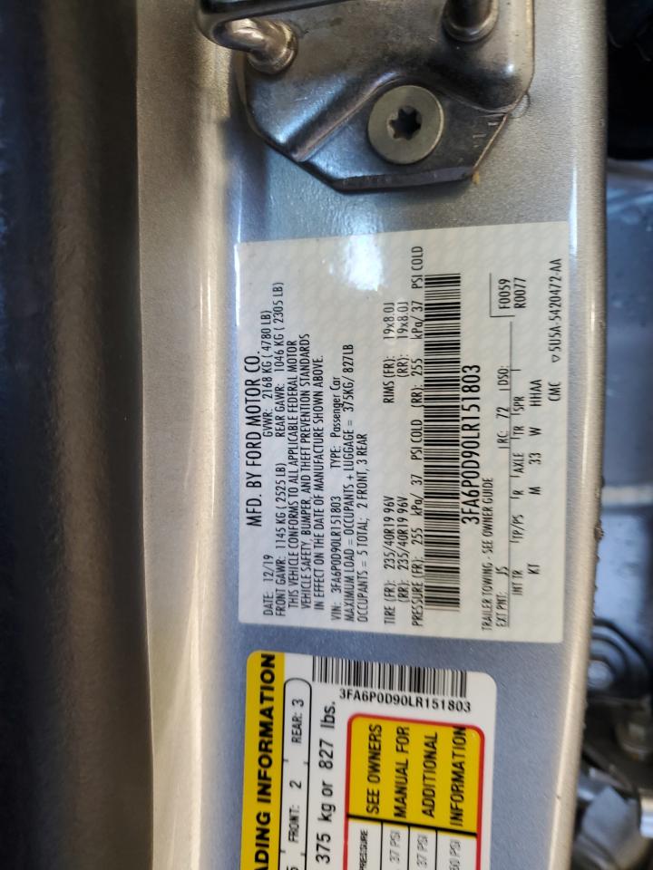 2020 Ford Fusion VIN 3FA6P0D90LR151803 Copart auction photo, side / rear end damage thumbnail 12