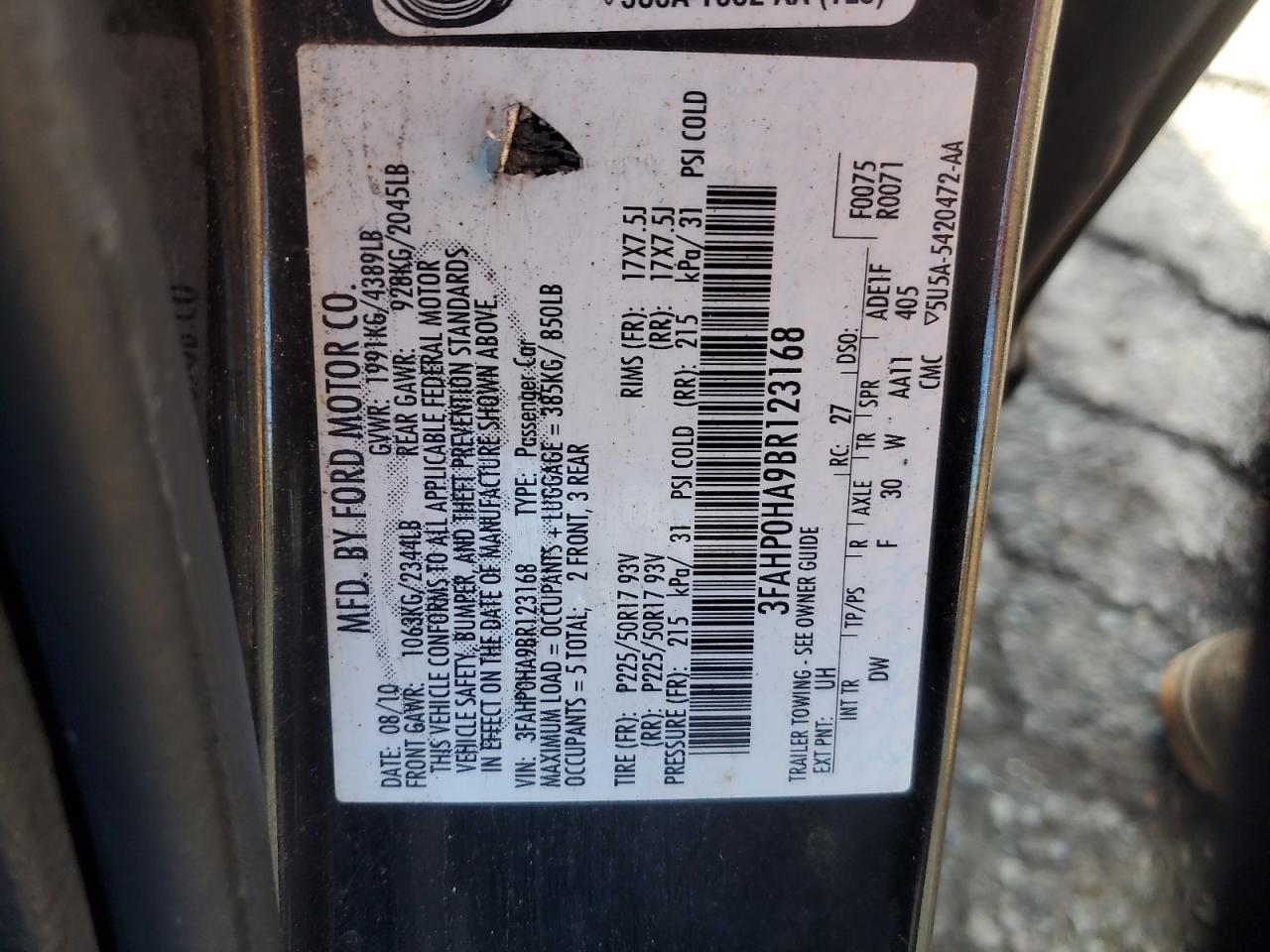 2011 Ford Fusion VIN 3FAHP0HA9BR123168 Copart auction photo, rear end damage thumbnail 12