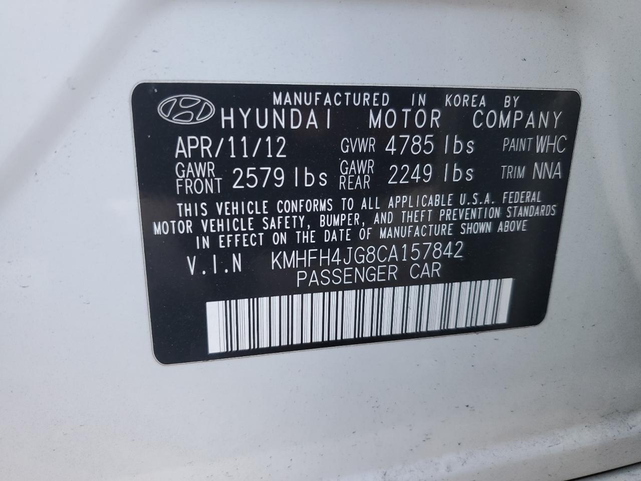 2012 Hyundai Azera VIN KMHFH4JG8CA157842 Copart auction photo, front end damage thumbnail 13
