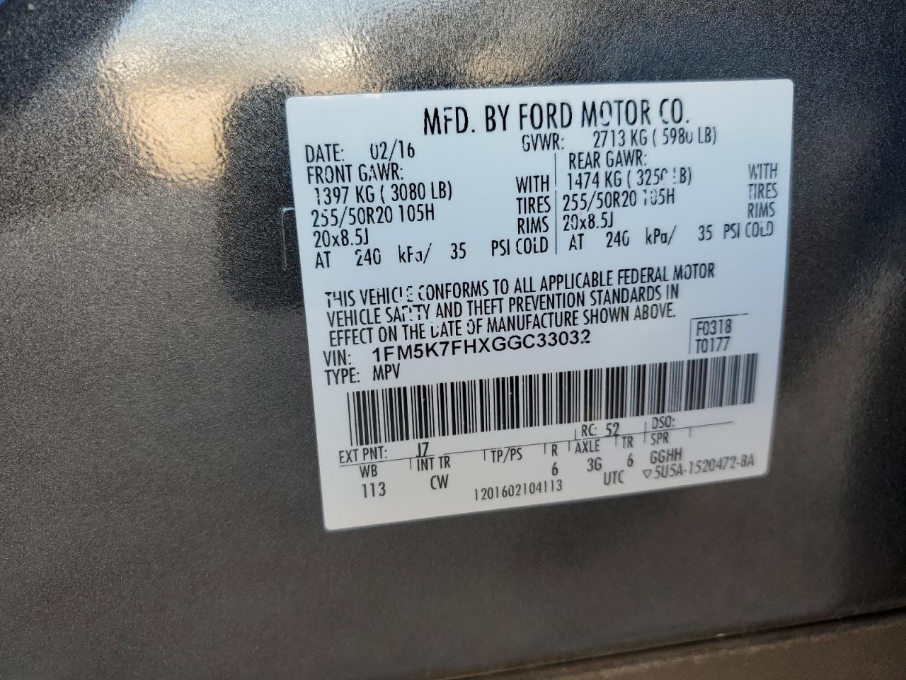 2016 Ford Explorer VIN 1FM5K7FHXGGC33032 Copart auction photo, front end / mechanical damage thumbnail 15