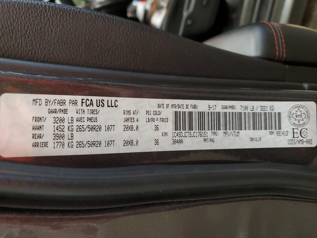 2018 Dodge Durango VIN 1C4SDJCT9JC176151 Copart auction photo, all over damage thumbnail 16