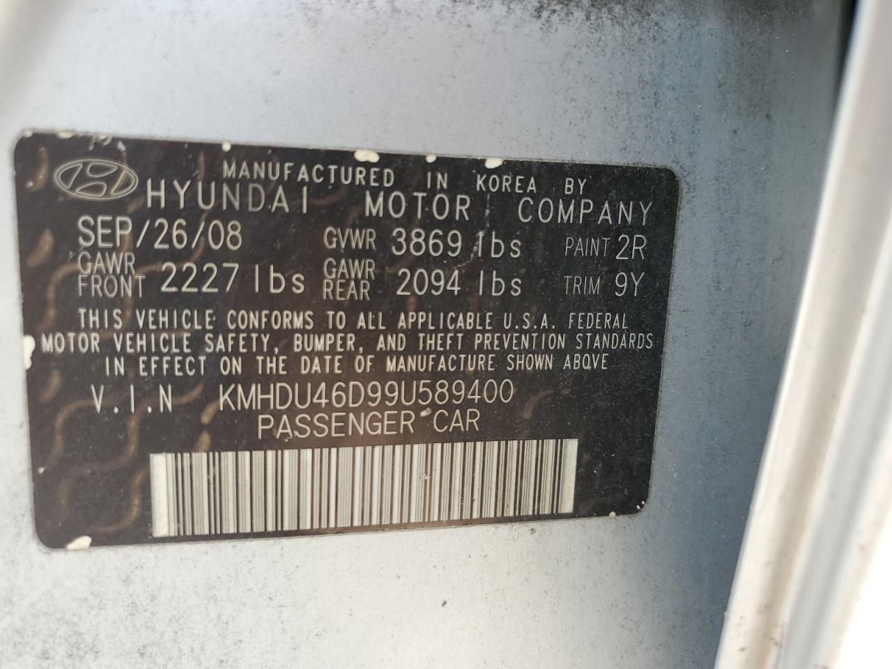 2009 Hyundai Elantra VIN KMHDU46D99U589400 Copart auction photo, water/flood damage thumbnail 13
