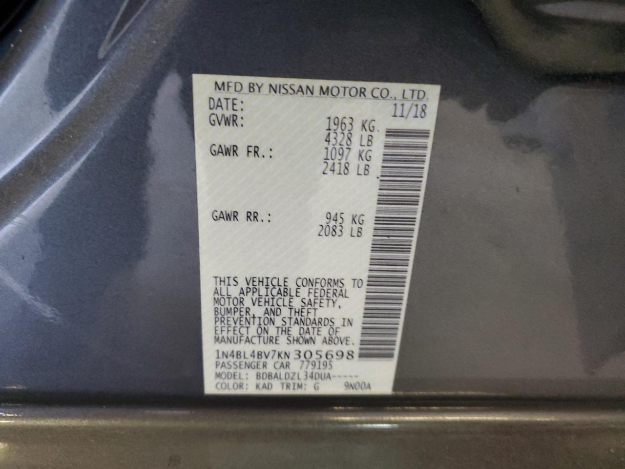 2019 Nissan Altima VIN 1N4BL4BV7KN305698 Copart auction photo, rear end damage thumbnail 13